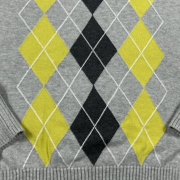 Izod Sweater Women's Medium Argyle Grey Yellow V Neck Pullover Lightweight - Picture 2 of 7